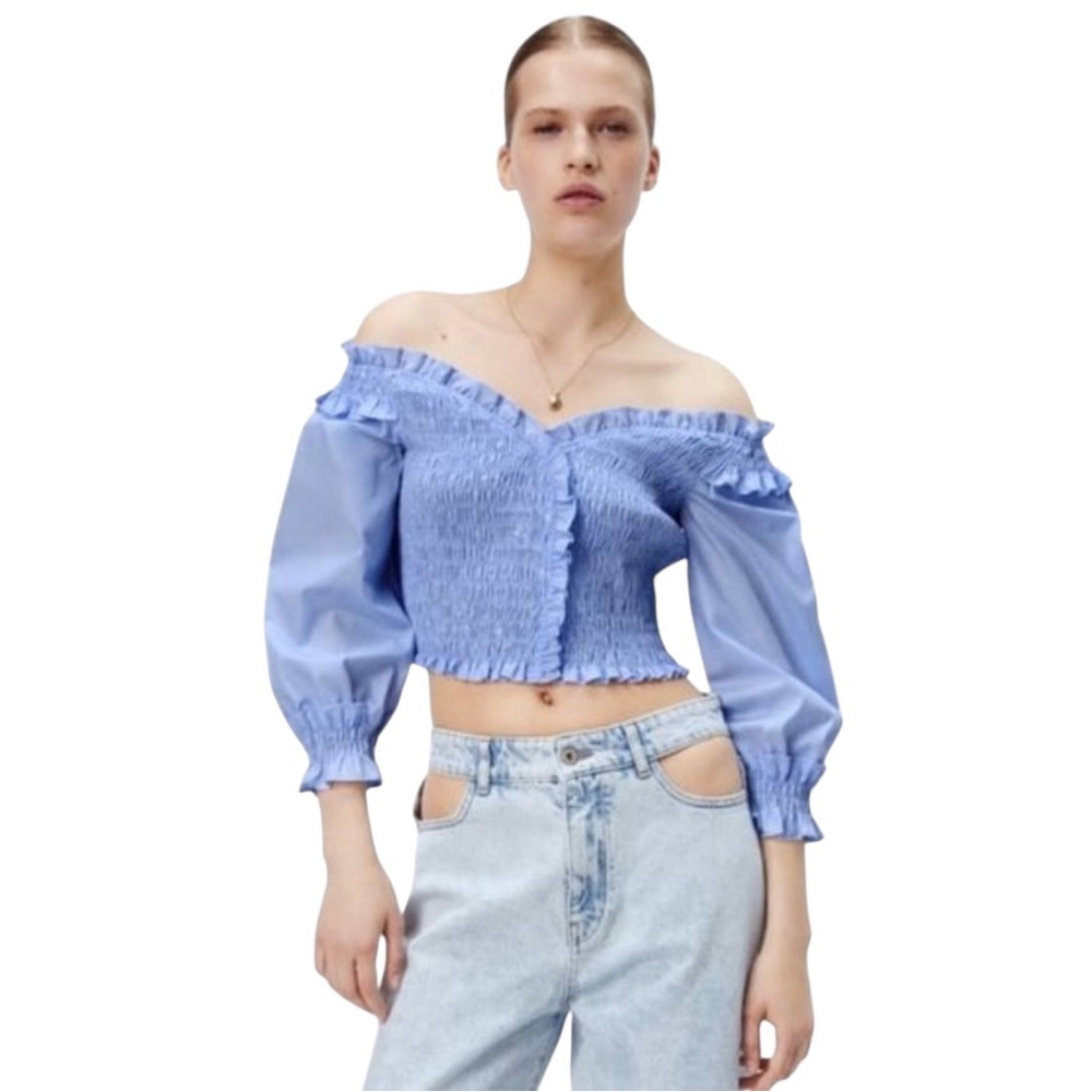 Zara Smocked‎ Ruffle Cropped Blouse Off Shoulder Long Sleeve Light Blue Size S